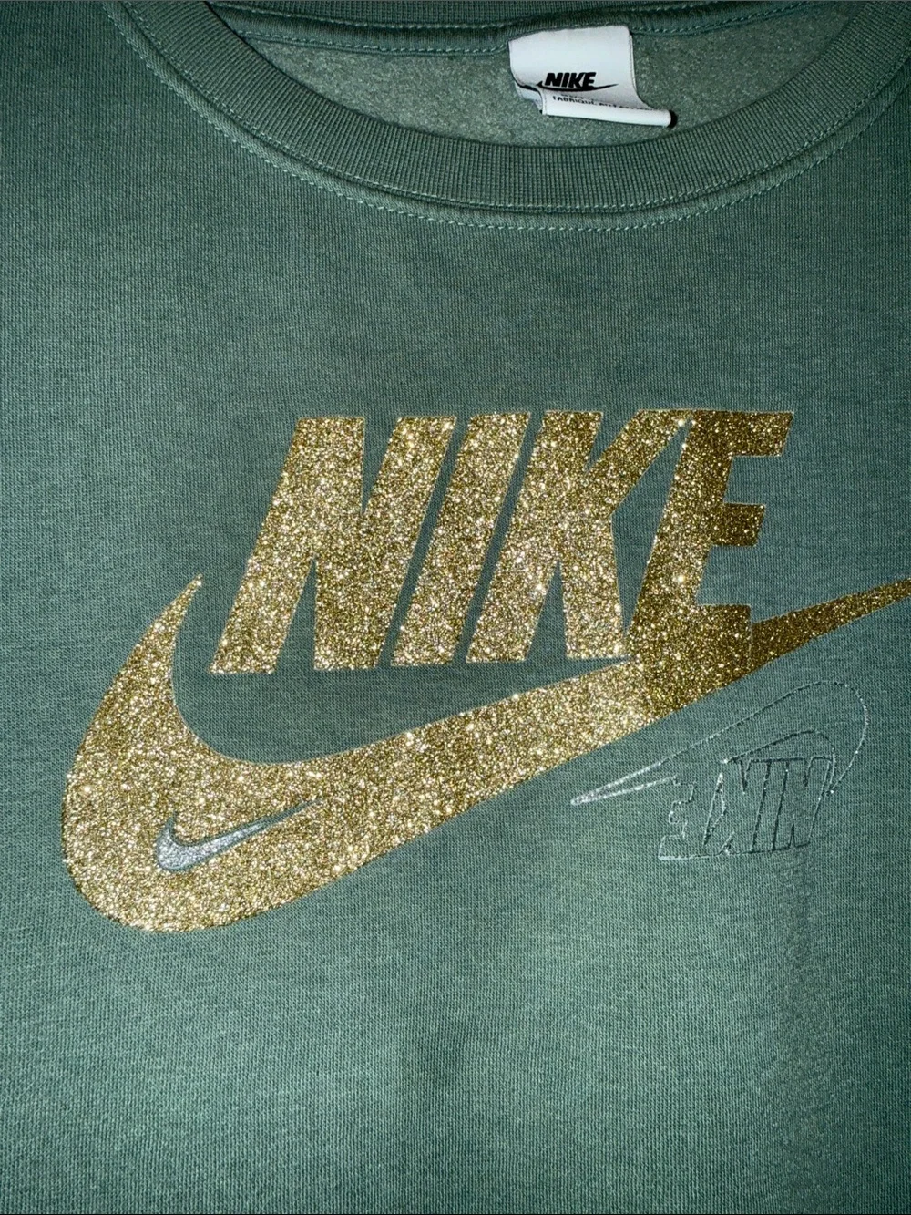 Nike Women's Sage Green Crewneck Sweatshirt with Gold Logo size large